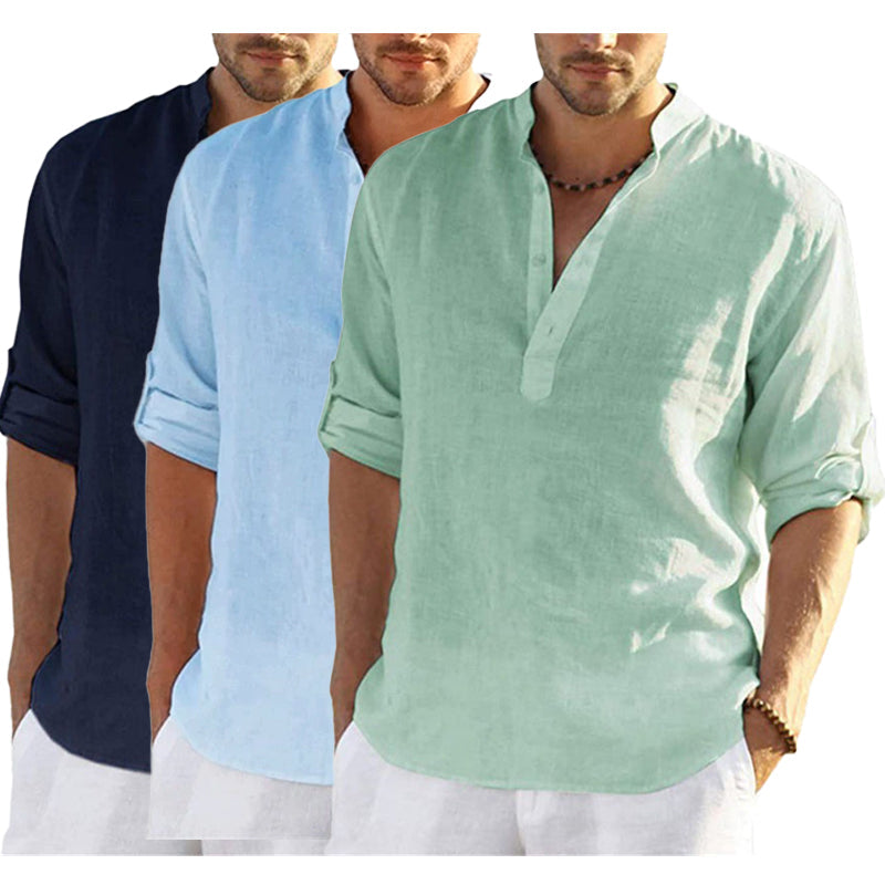 Men’s Linen Shirt - Relaxed Fit - Long Sleeve - Mandarin Collar - Breathable Casual Wear