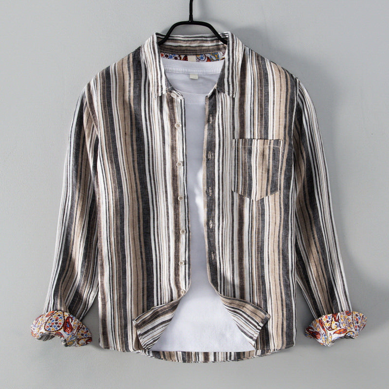 Men’s Button-Up Shirt - Linen Cotton Blend - Relaxed Fit - Striped Casual Wear