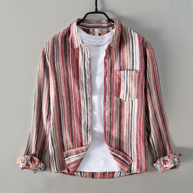 Men’s Button-Up Shirt - Linen Cotton Blend - Relaxed Fit - Striped Casual Wear