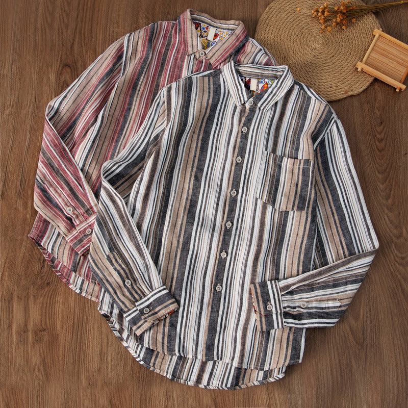 Men’s Button-Up Shirt - Linen Cotton Blend - Relaxed Fit - Striped Casual Wear