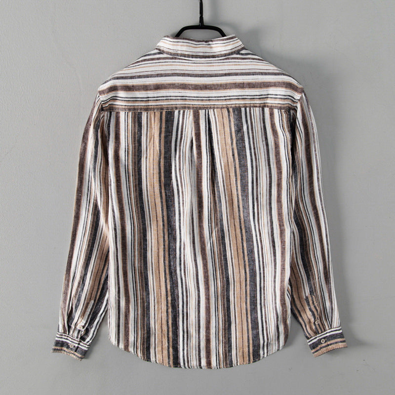 Men’s Button-Up Shirt - Linen Cotton Blend - Relaxed Fit - Striped Casual Wear