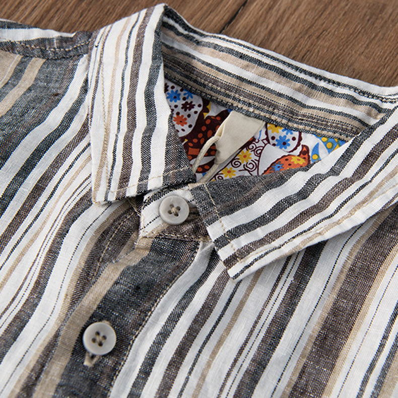 Men’s Button-Up Shirt - Linen Cotton Blend - Relaxed Fit - Striped Casual Wear