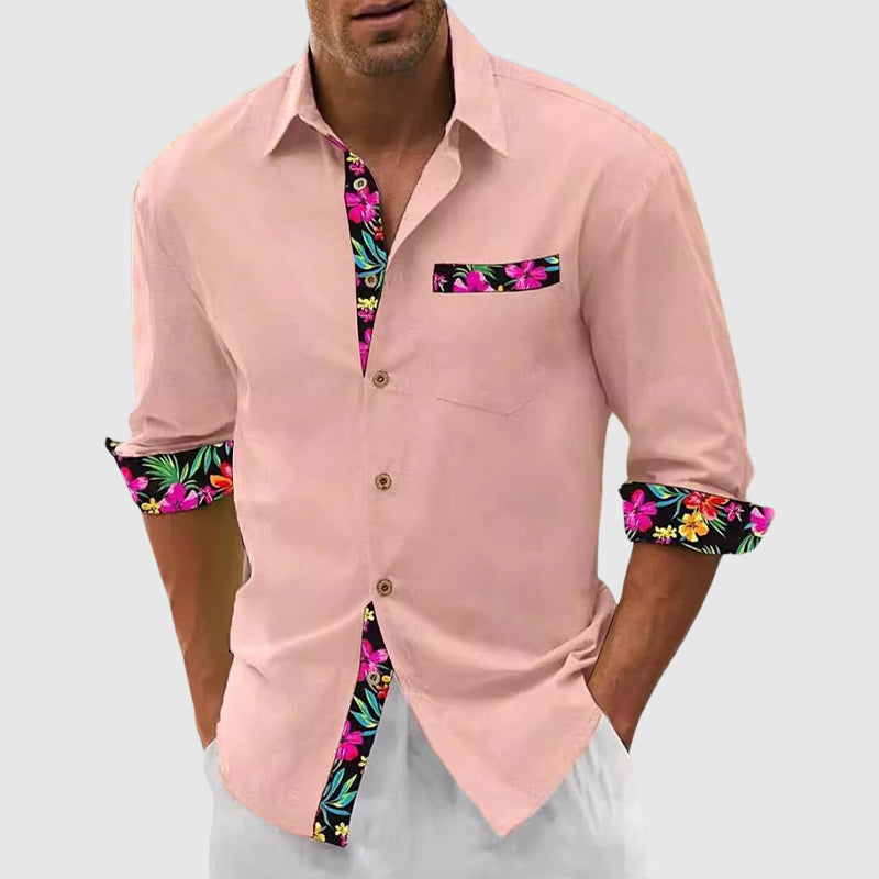Men’s Button-Up Shirt – Long Sleeve – Structured Collar – Floral Accent Trim