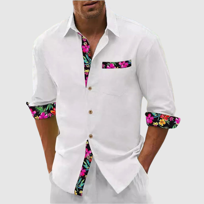 Men’s Button-Up Shirt – Long Sleeve – Structured Collar – Floral Accent Trim