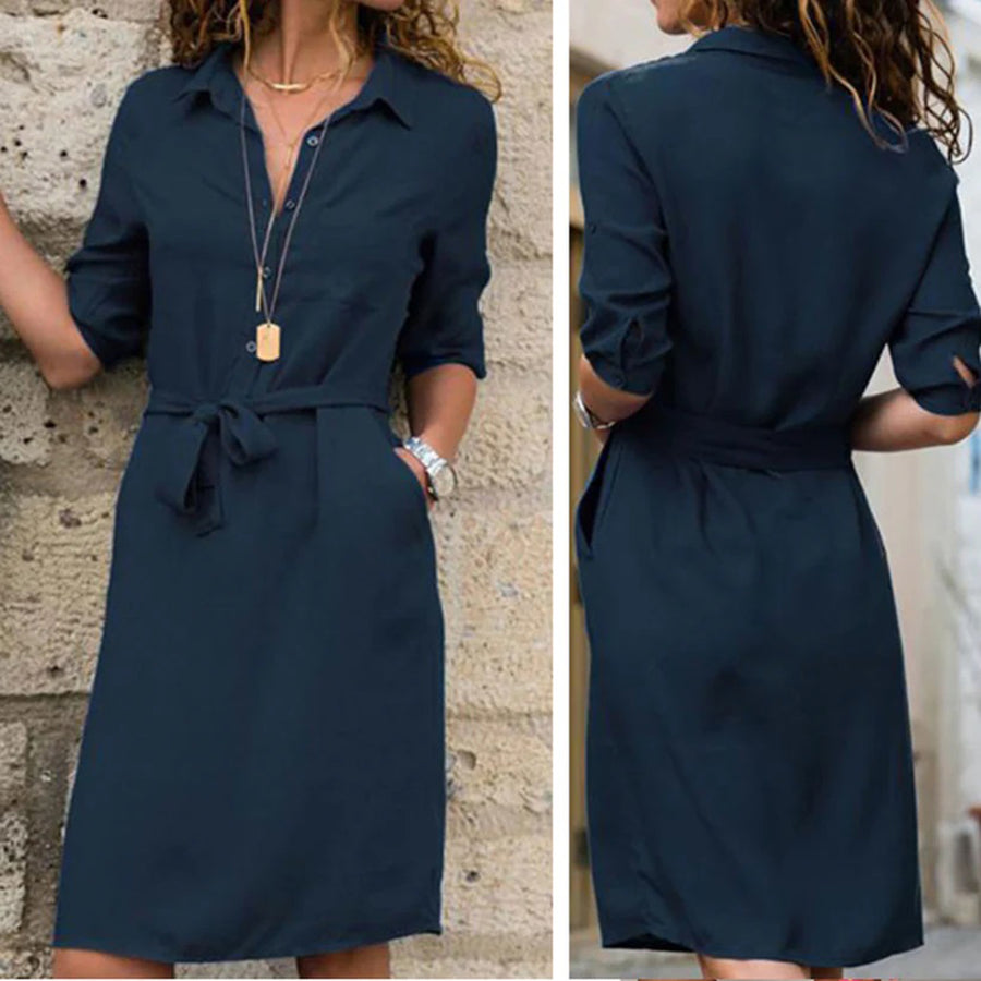 Women's Shirt Dress - Button Down - Belted Waist - Elbow Sleeve Lightweight Fit