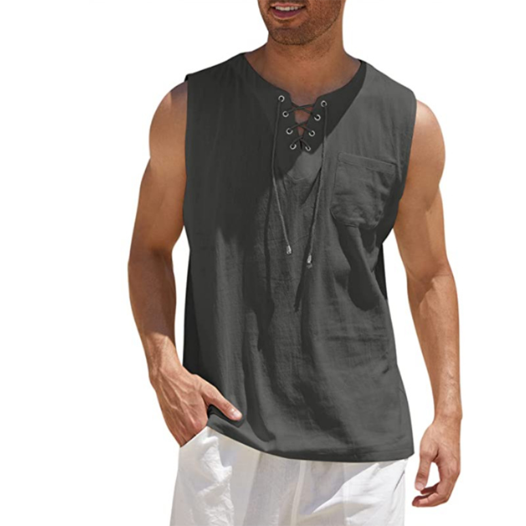 Men’s Sleeveless Shirt – Relaxed Fit – Breathable Blend – Lace-Up Front – Casual Wear