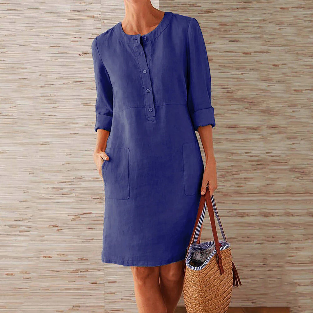 Women's Knee-Length Dress - Relaxed Fit - Button Front - Long Sleeves - Lightweight Fabric