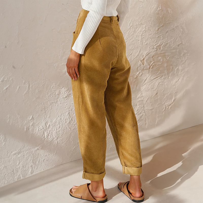 Women’s Corduroy Trousers – High Waist – Relaxed Fit – Pleated Front – Tapered Leg