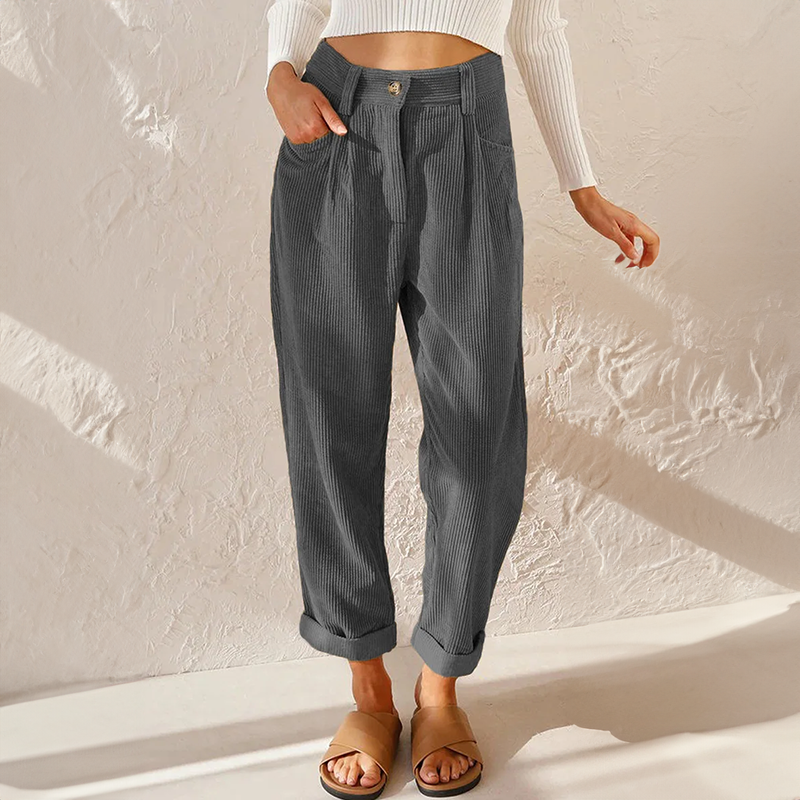 Women’s Corduroy Trousers – High Waist – Relaxed Fit – Pleated Front – Tapered Leg