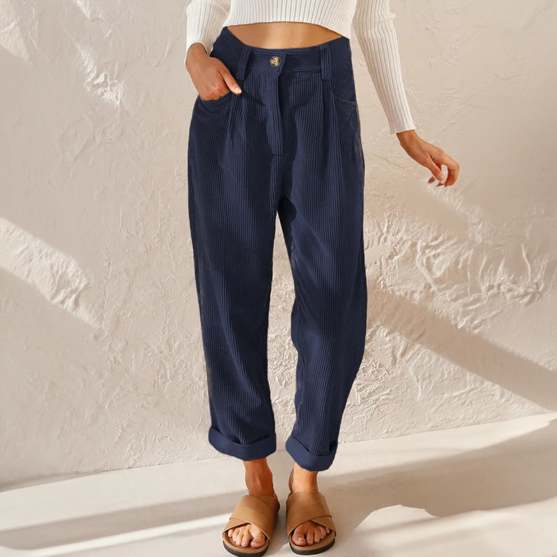 Women’s Corduroy Trousers – High Waist – Relaxed Fit – Pleated Front – Tapered Leg