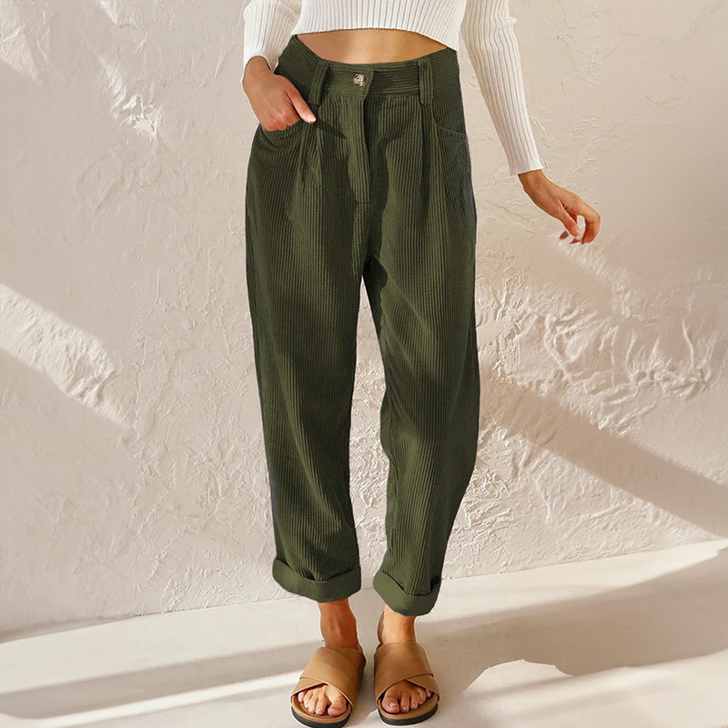 Women’s Corduroy Trousers – High Waist – Relaxed Fit – Pleated Front – Tapered Leg