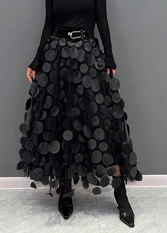 Women’s A-Line Midi Skirt – Layered Tulle – Voluminous Fit – Circular Appliqués – Belted Waist