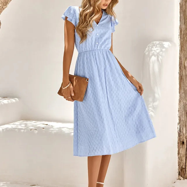 Women's Midi Dress - V-Neck - Sleeveless Flowing Fit - Textured Elegant Fabric