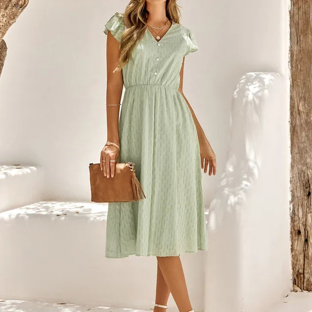 Women's Midi Dress - V-Neck - Sleeveless Flowing Fit - Textured Elegant Fabric