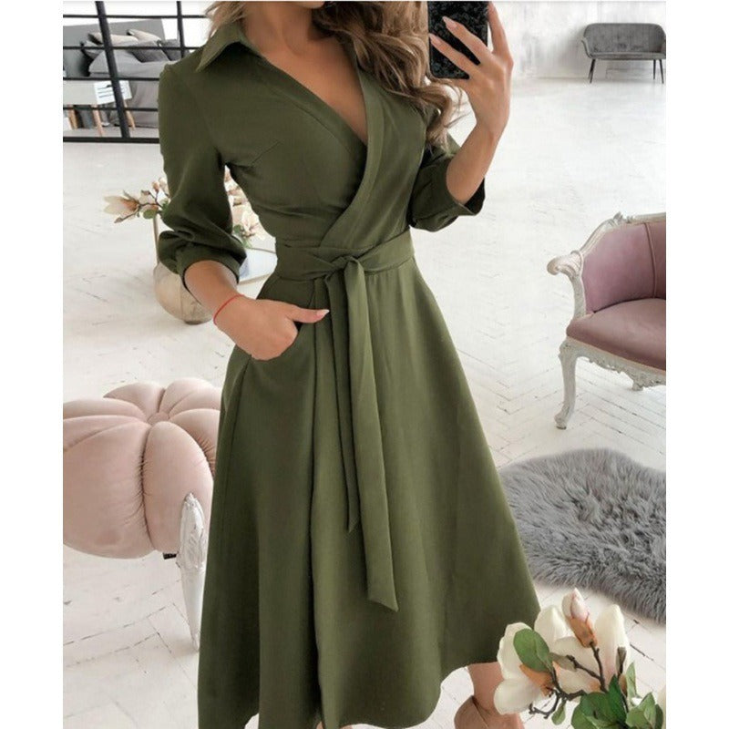 Women’s Wrap Dress - V-Neckline - Fitted Waist with Sash - Three-Quarter Sleeve Midi