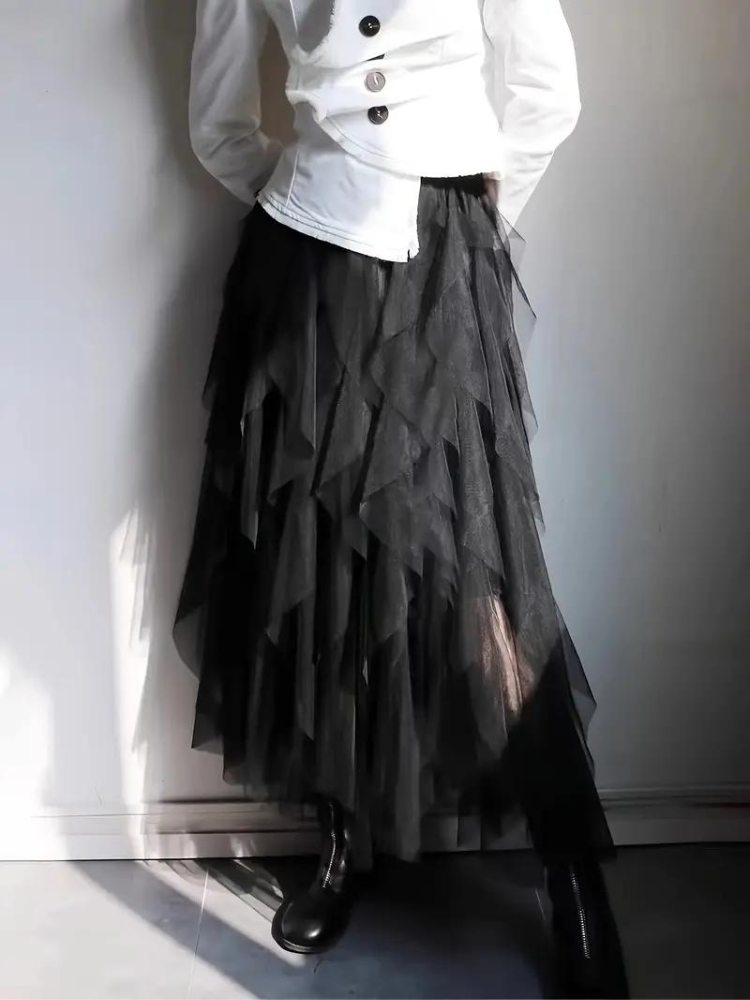 Women’s Midi Skirt – High Waisted Fit – Layered – Ruffle Detail – Flowing Silhouette