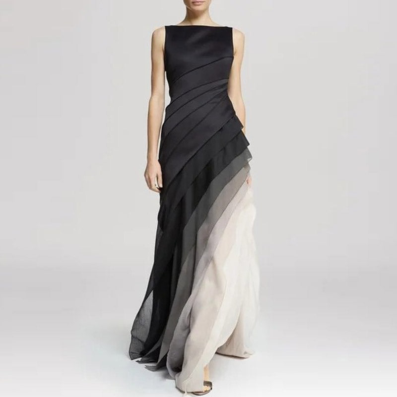 Women’s Evening Gown - Sleeveless Formal Dress - Layered A-Line Fit - Floor Length Draped