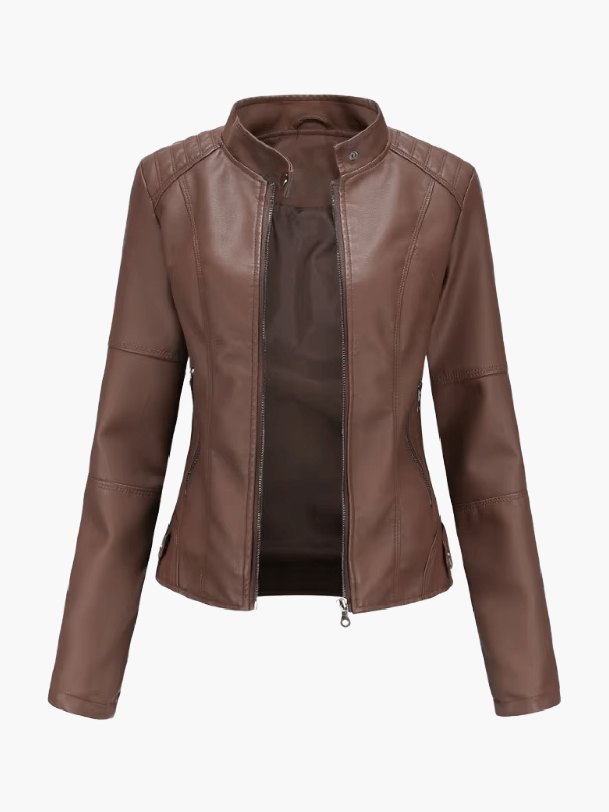 Women's Leather Jacket - Fitted Design - Stand Collar - Zip Closure - Stylish & Durable