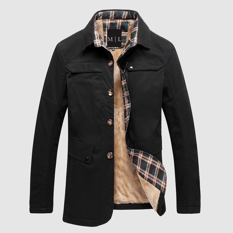 Men’s Mid-Length Jacket – Regular Fit – Fleece Lined – Button Front – Flap Pockets