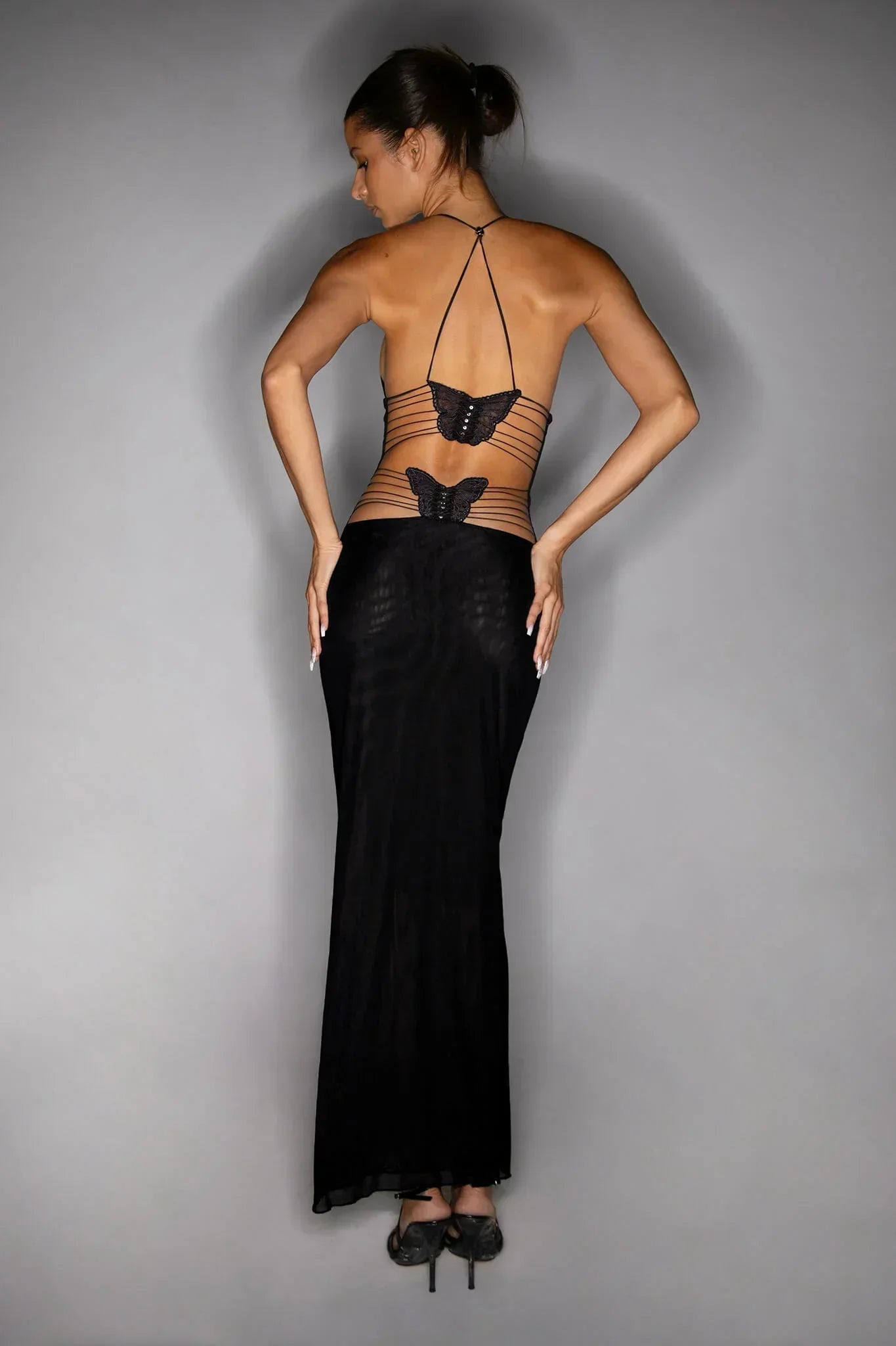 Women’s Full-Length Dress – Slim Fit – Open Back – Butterfly Embellishments – Draped Fabric