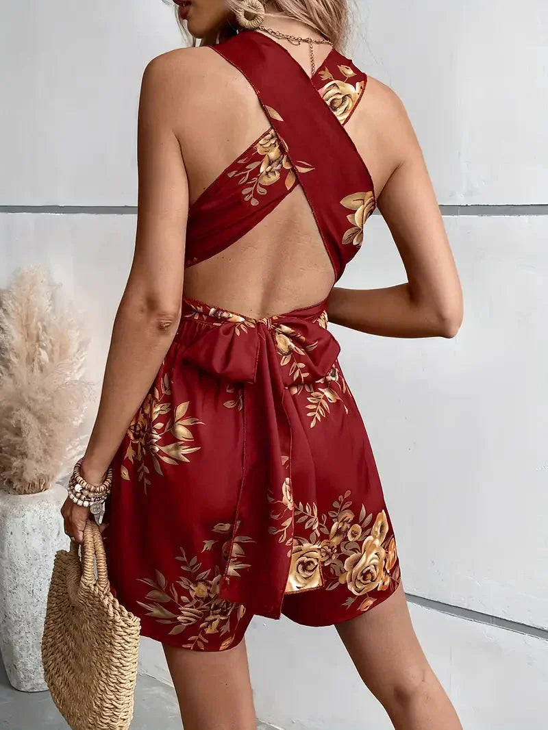 Women's Sleeveless Dress - Floral Print - Deep V-Neck - Fitted Waist - A-Line Silhouette