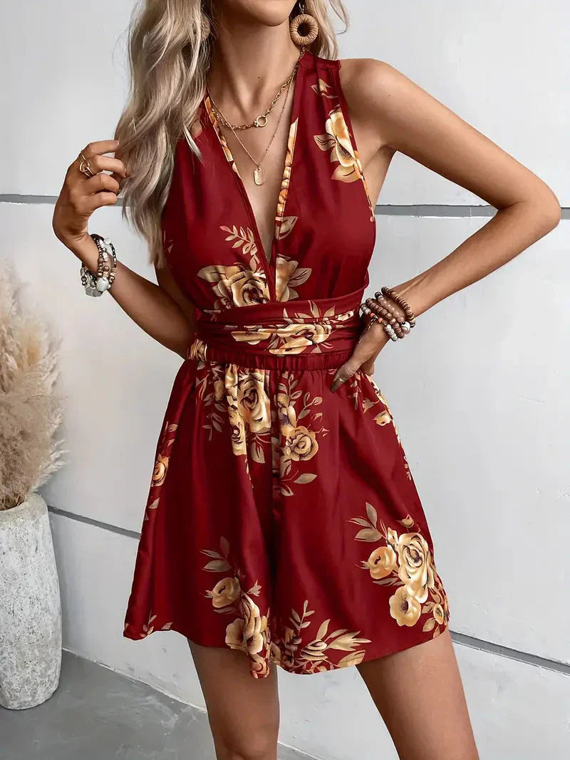 Women's Sleeveless Dress - Floral Print - Deep V-Neck - Fitted Waist - A-Line Silhouette
