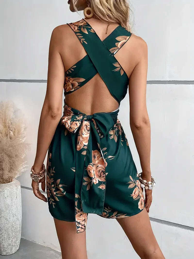 Women's Sleeveless Dress - Floral Print - Deep V-Neck - Fitted Waist - A-Line Silhouette