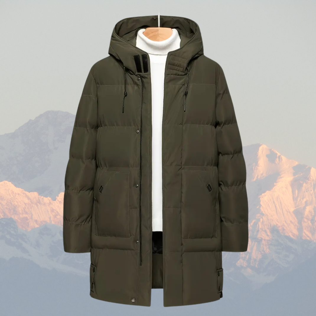 Men’s Long Down Puffer Coat – Water-Resistant, Insulated, Hooded Winter Jacket