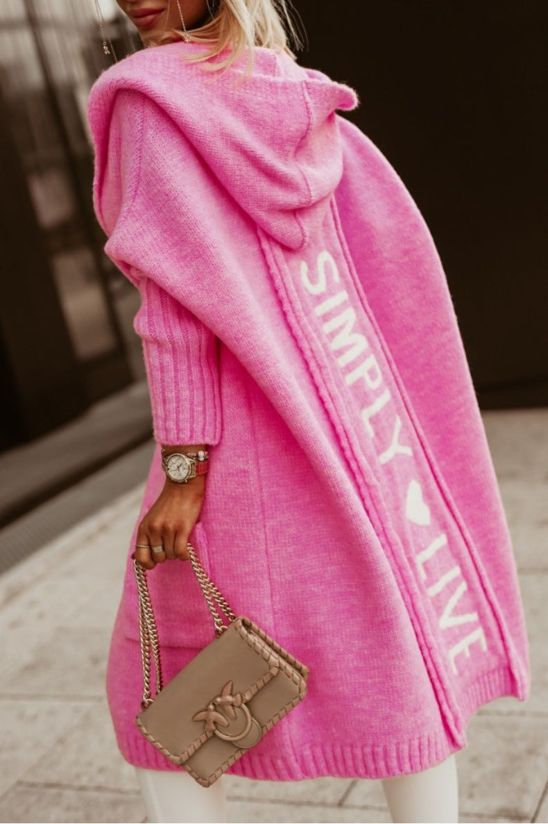 Women’s Long Coat – Knitted Wool – Oversized Fit – Hooded – Graphic Back – Ribbed Cuffs