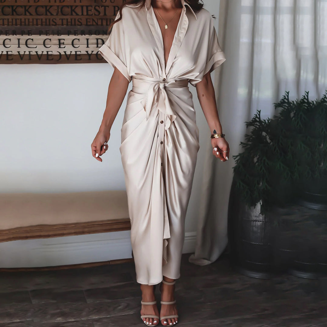 Women's Shirt Dress - Button Down - Waist Tie - Short Sleeve Flowy Midi Length