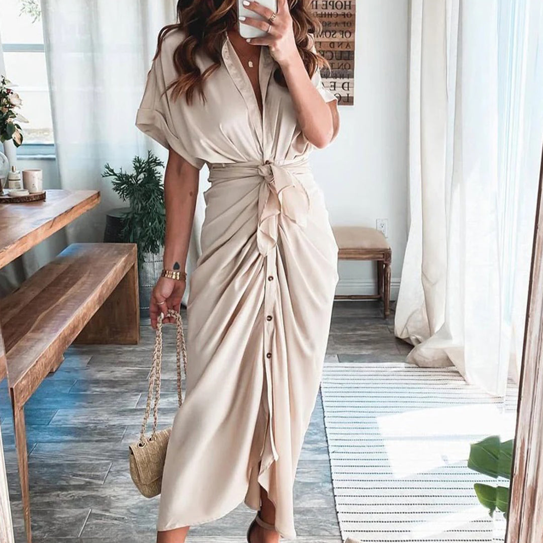 Women's Shirt Dress - Button Down - Waist Tie - Short Sleeve Flowy Midi Length