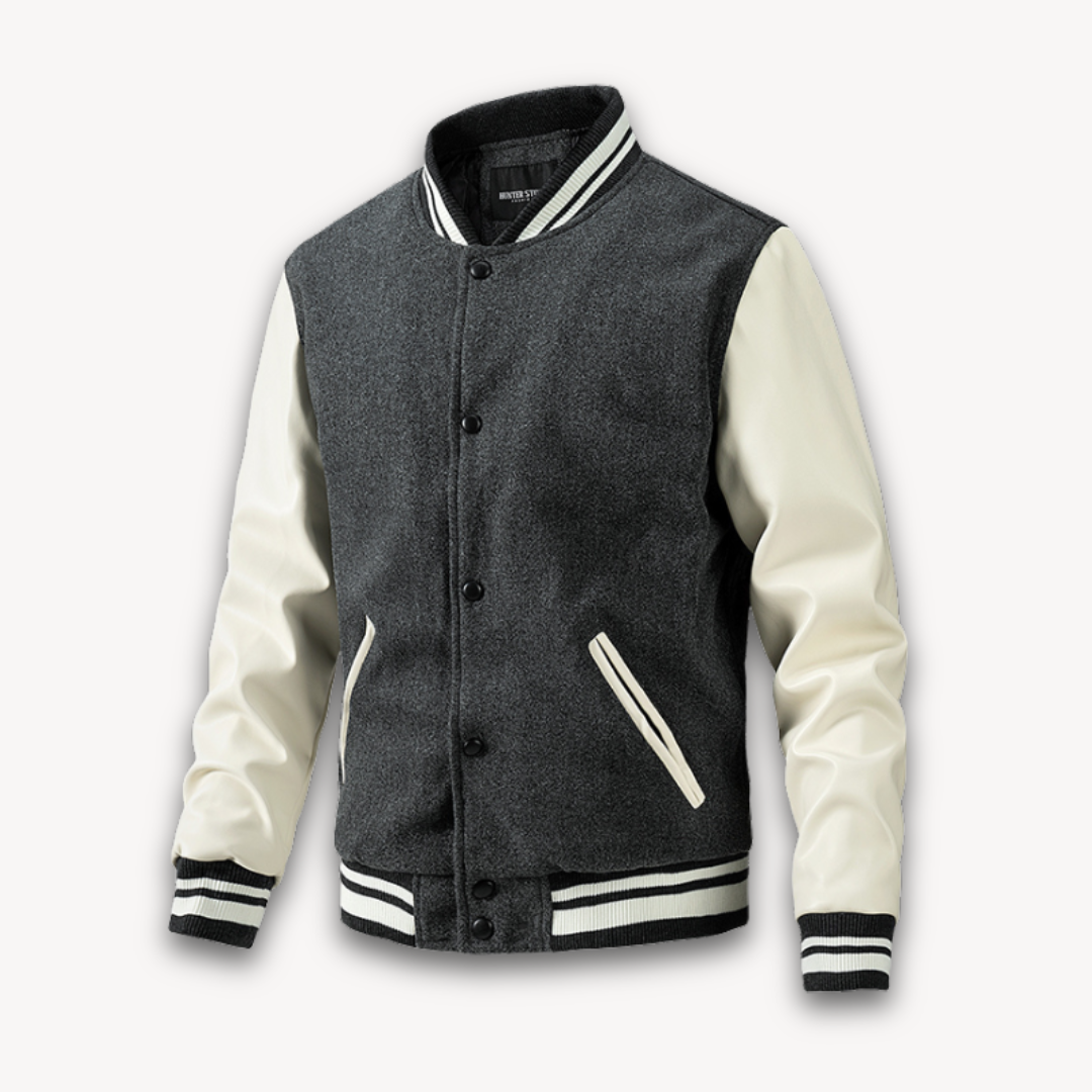 Men’s Varsity Jacket – Wool Blend Body – Faux Leather Sleeves – Classic Fit – Snap Front