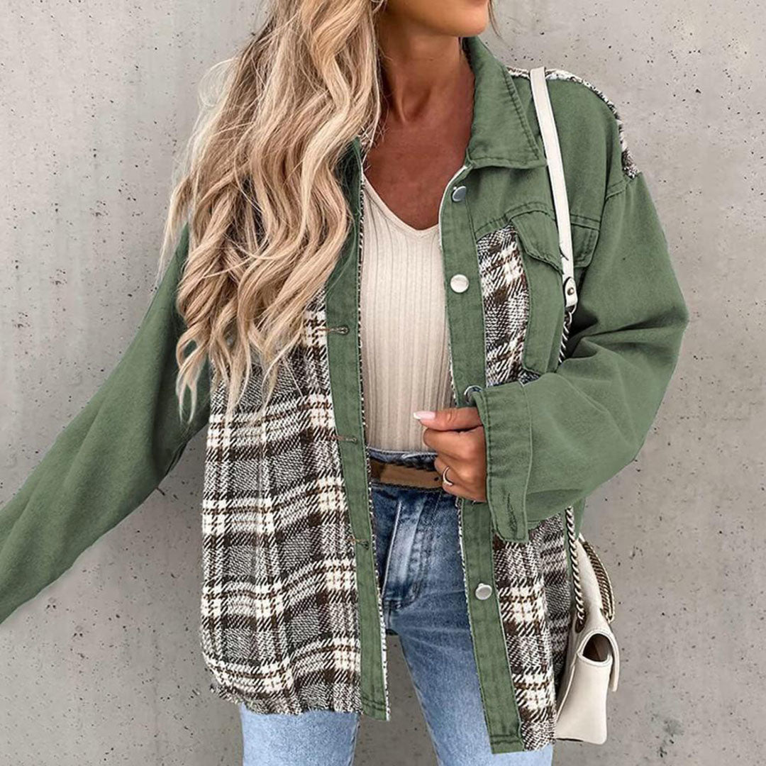 Women’s Casual Jacket – Relaxed Fit – Button Front – Patchwork Plaid Panels