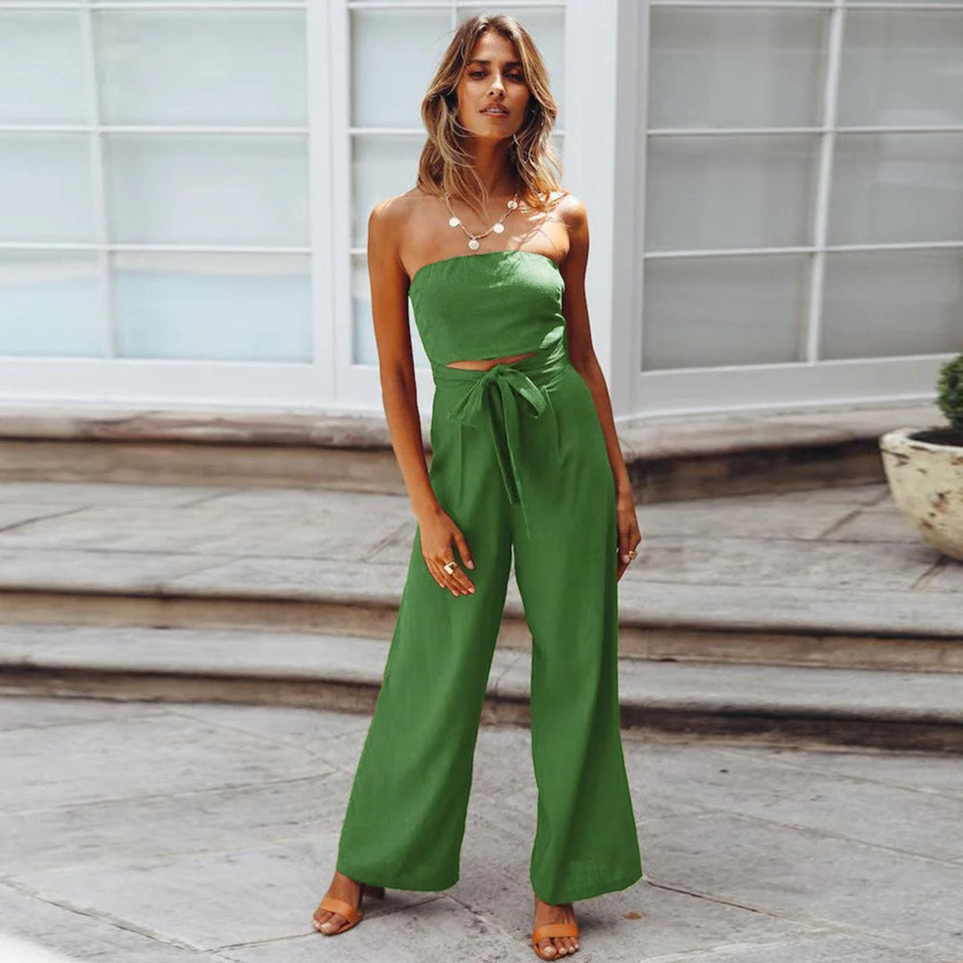 Women's Strapless Jumpsuit - Wide Leg - Tie Waist - Lightweight Flowy Fabric