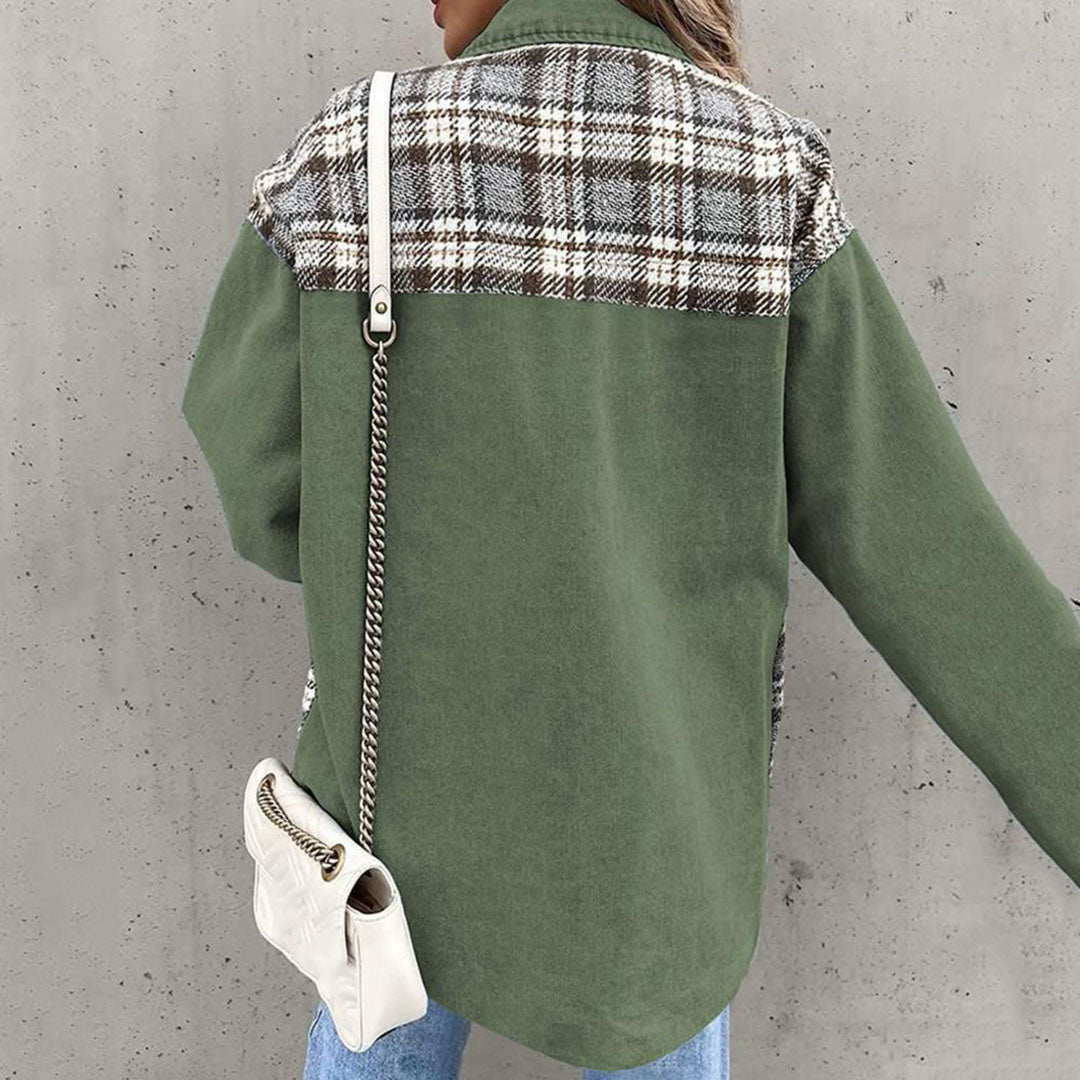 Women’s Casual Jacket – Relaxed Fit – Button Front – Patchwork Plaid Panels