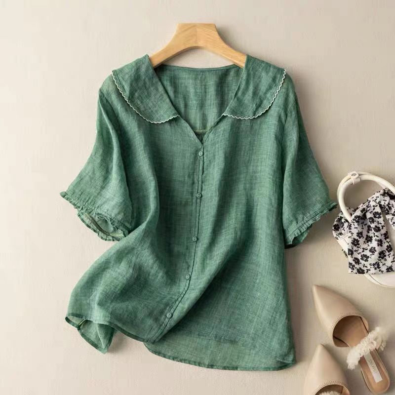 Women's cotton and linen retro short sleeved navy doll collar thin shirt