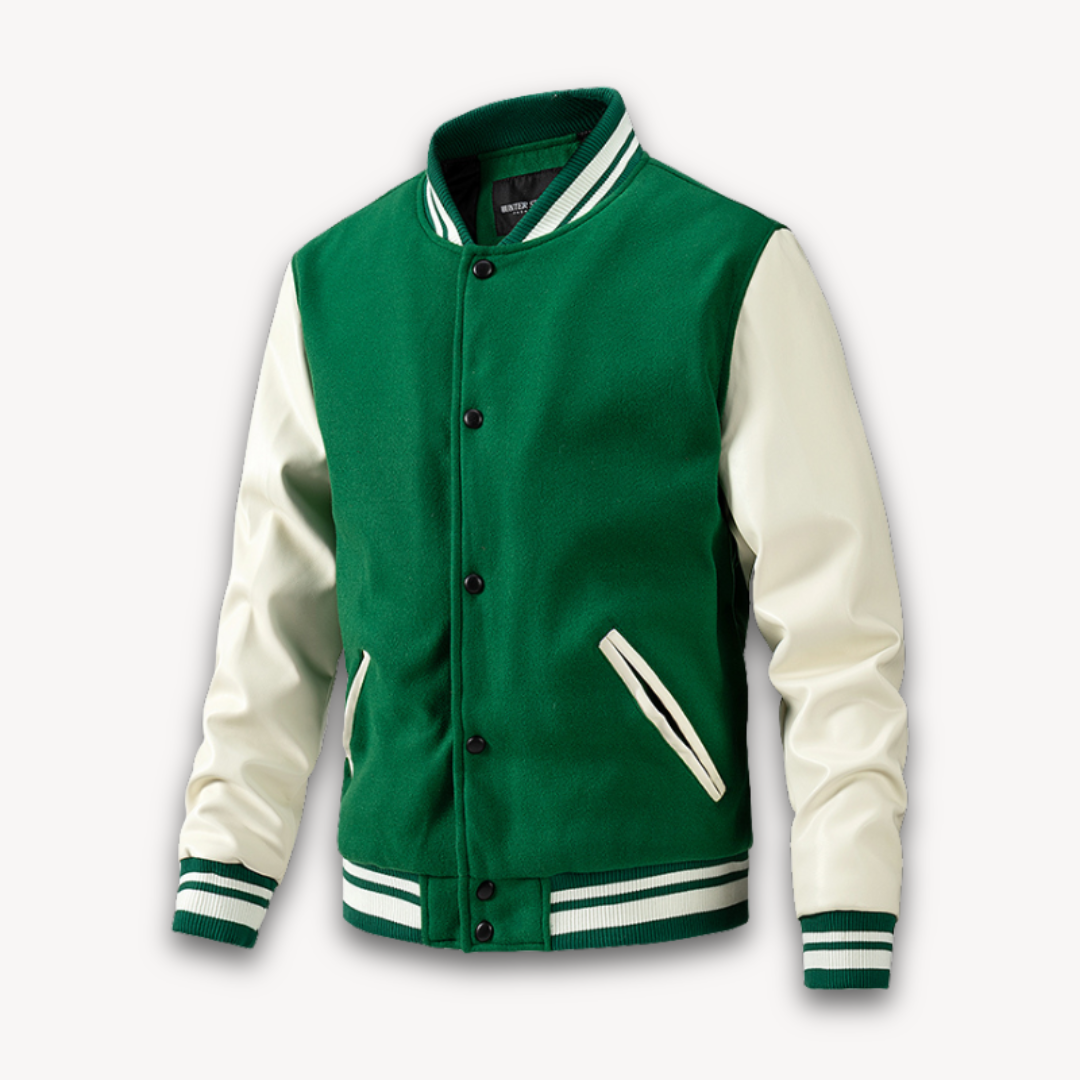 Men’s Varsity Jacket – Wool Blend Body – Faux Leather Sleeves – Classic Fit – Snap Front