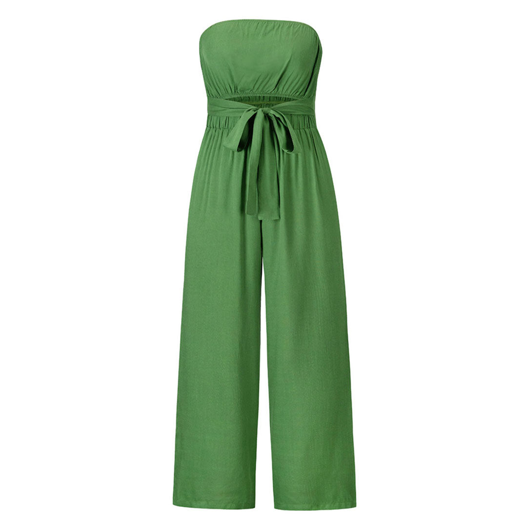 Women's Strapless Jumpsuit - Wide Leg - Tie Waist - Lightweight Flowy Fabric
