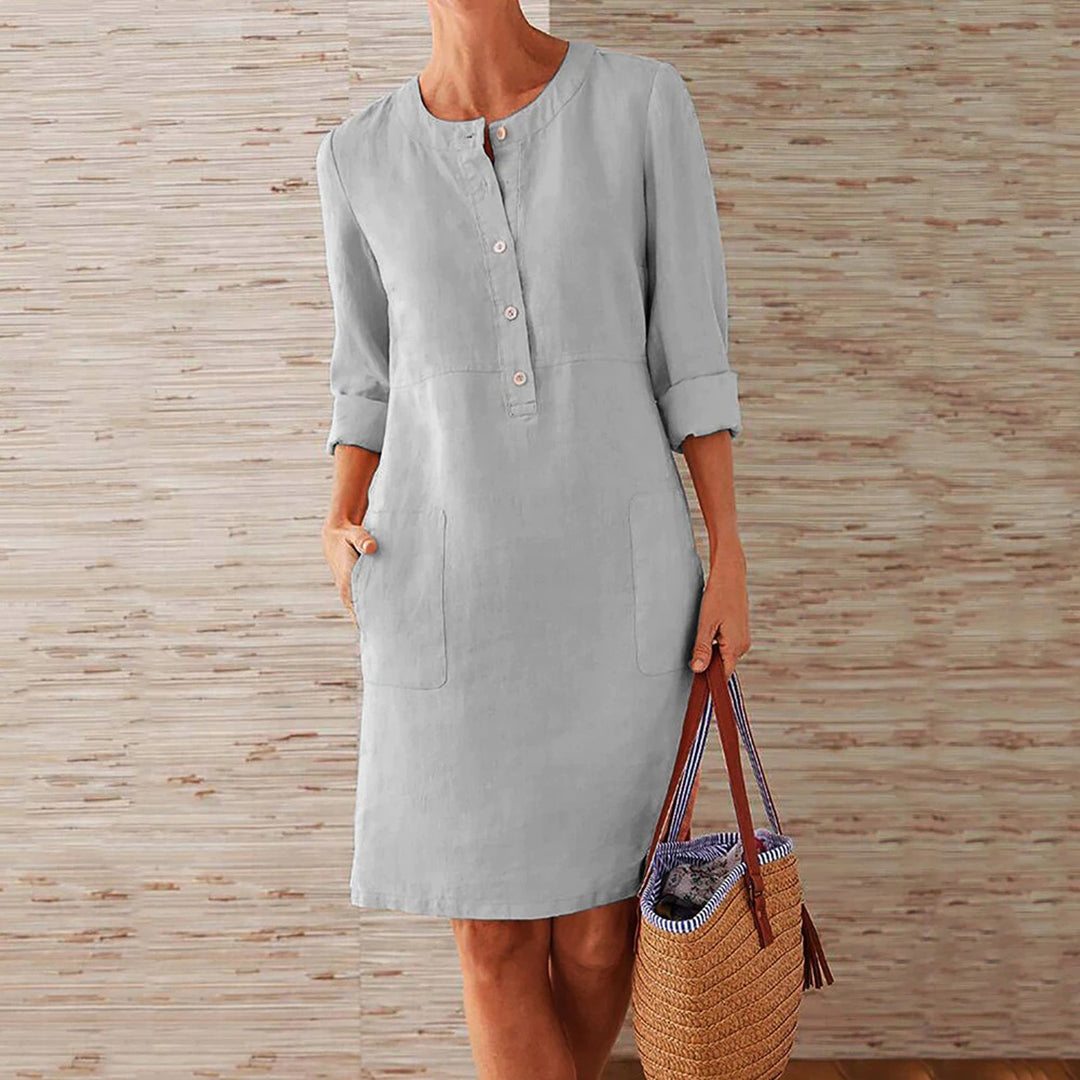 Women's Knee-Length Dress - Relaxed Fit - Button Front - Long Sleeves - Lightweight Fabric