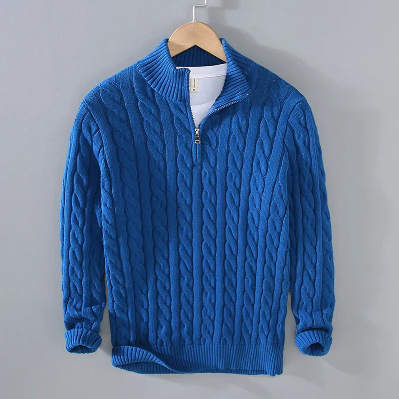 Men’s Sweater – Soft Cotton Knit – Regular Fit – Cable Knit with Zip Collar