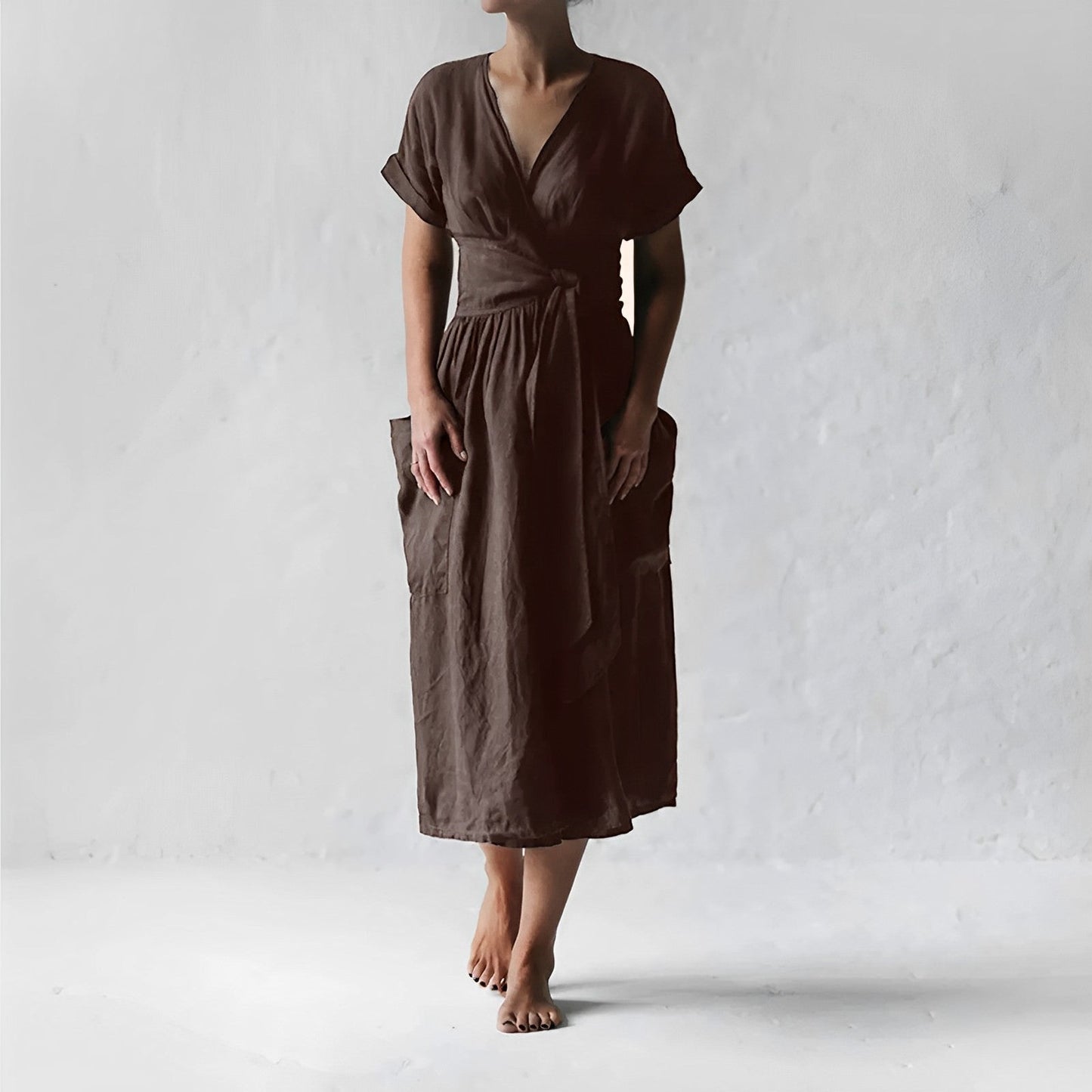 Women's Wrap Dress - Lightweight Breathable Fabric - Midi Length - Short Sleeves - Tie Waist