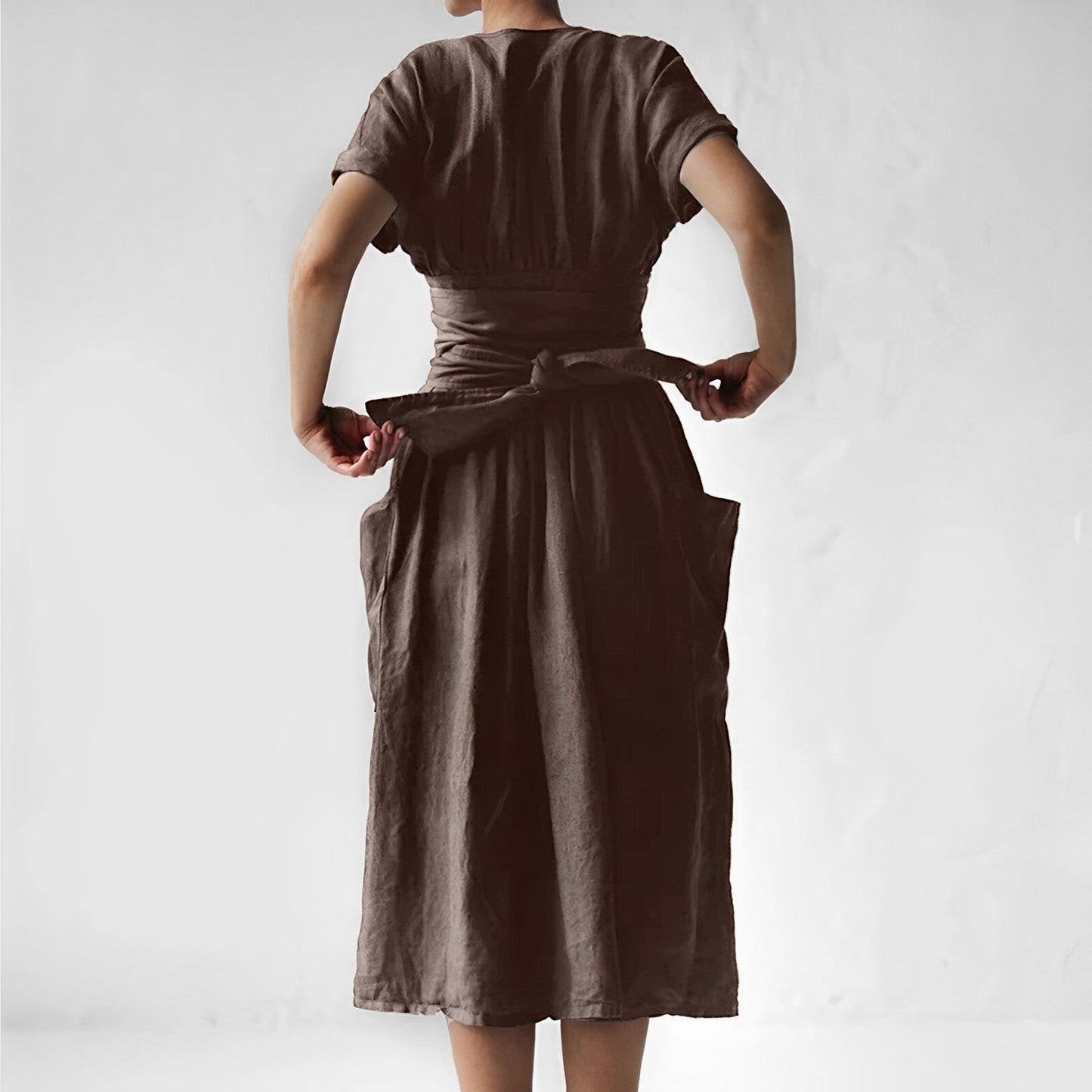 Women's Wrap Dress - Lightweight Breathable Fabric - Midi Length - Short Sleeves - Tie Waist