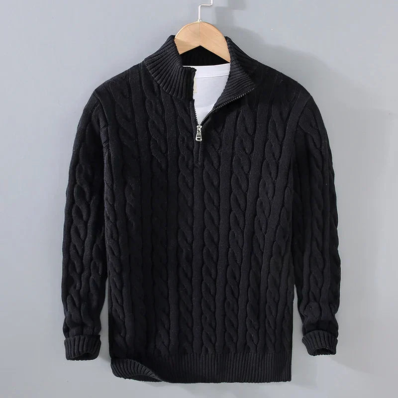 Men’s Sweater – Soft Cotton Knit – Regular Fit – Cable Knit with Zip Collar