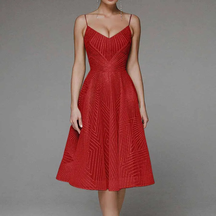 Women’s Midi Dress – A-Line Fit – Spaghetti Straps – V-Neck Geometric Design