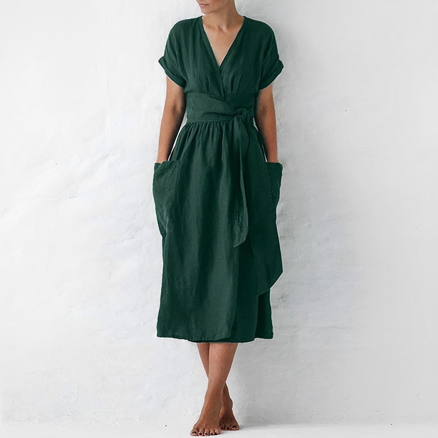 Women's Wrap Dress - Lightweight Breathable Fabric - Midi Length - Short Sleeves - Tie Waist