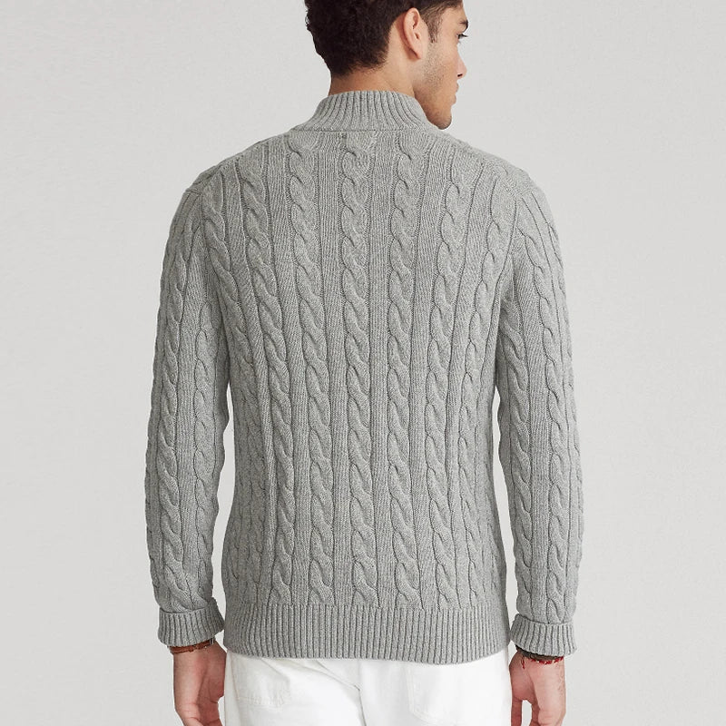 Men’s Sweater – Soft Cotton Knit – Regular Fit – Cable Knit with Zip Collar