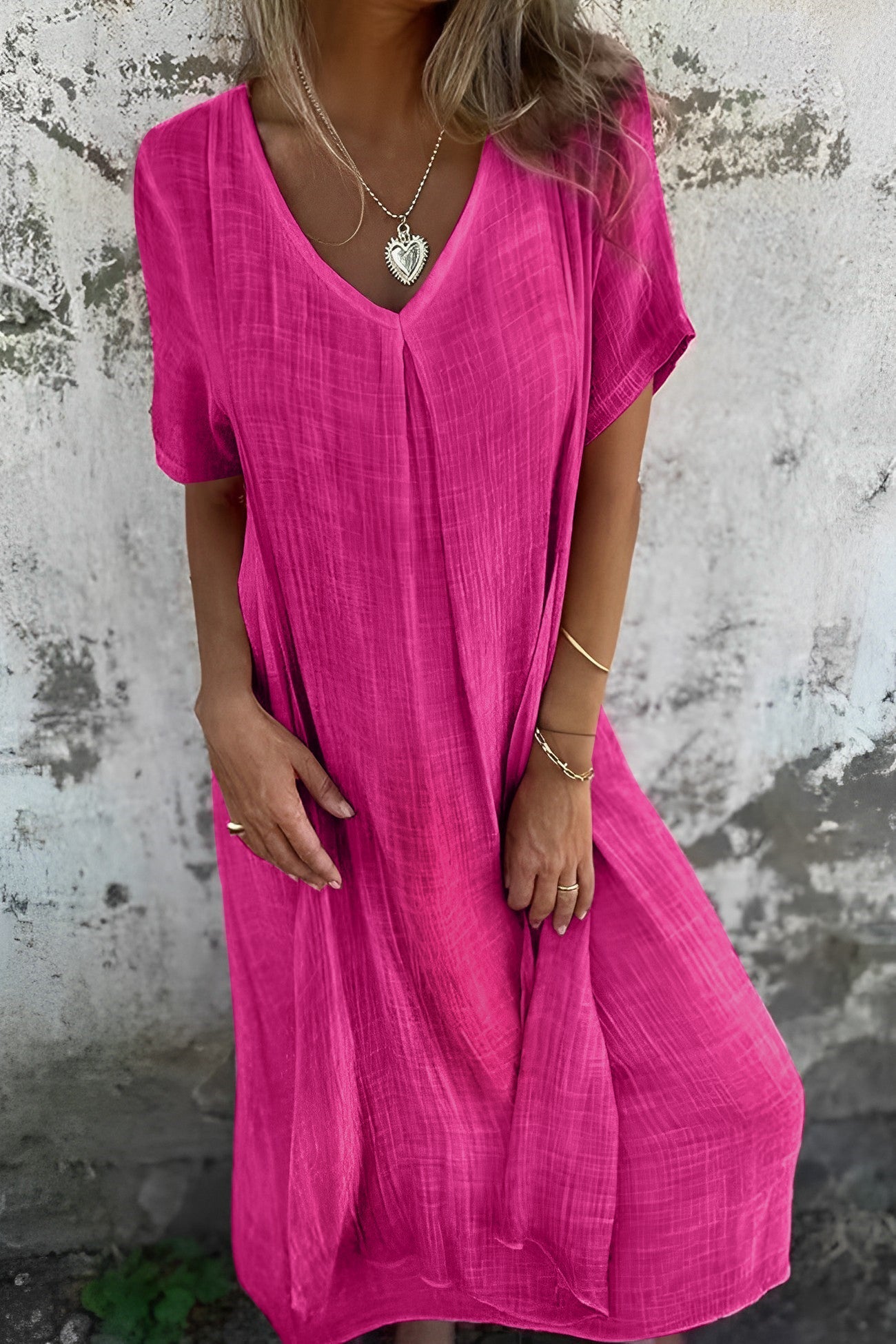 Solid V-Neck Midi Dress with Short Sleeves - Breathable and Lightweight