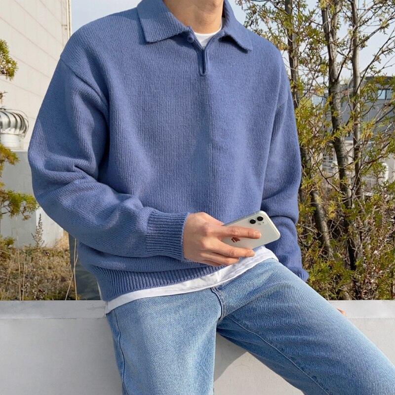 Men’s Polo Sweater – Relaxed Fit – Buttoned Collar – Ribbed Hem and Cuffs