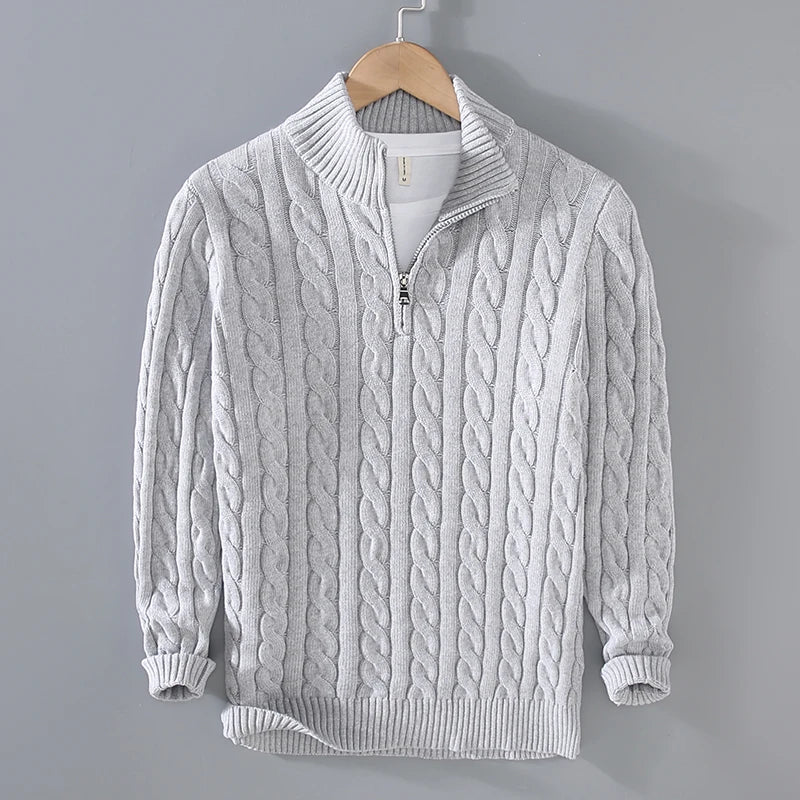 Men’s Sweater – Soft Cotton Knit – Regular Fit – Cable Knit with Zip Collar