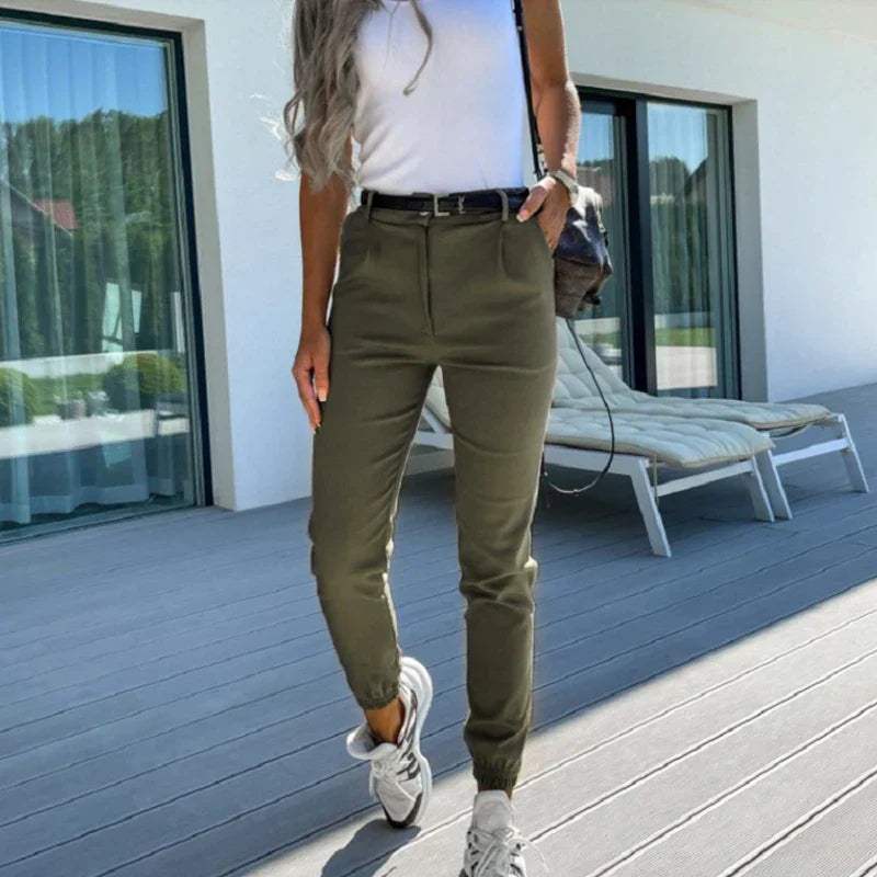 Women's Tailored Joggers - Slim Fit - High Waist - Elastic Cuffs - Side Pockets